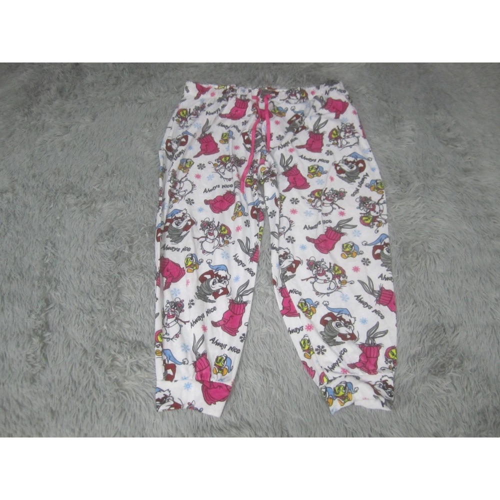 Boom Pajama Pants Womens 2X White Looney Tunes Fleece Capri Christmas Cartoon